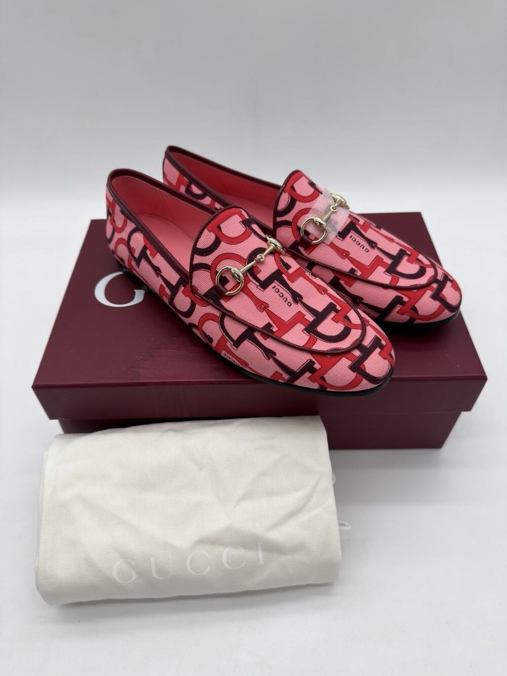 Gucci Jordaan Womens Horsebit Flat Loafer Pink Canvas LOGO EU 38.5 US 8.5 $998